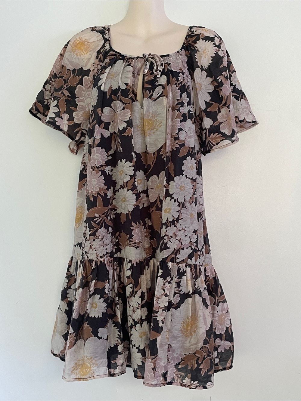 Abercrombie Floaty Trapeze Mini Dress Butterfly Sleeves Earthy Floral Peasant S